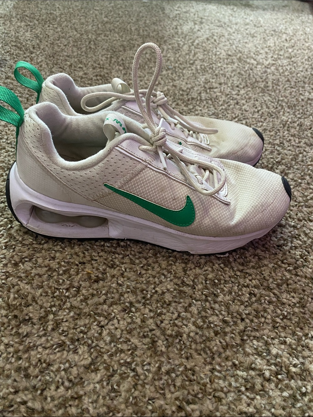 Nike Kids White Sneakers with Green Swoosh and Green Heel Tabs